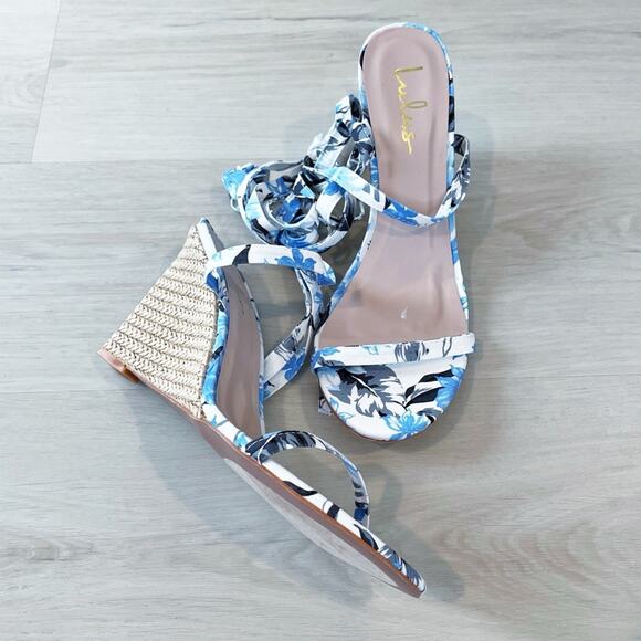 NEW Lulu’s Gulee Blue Floral Lace Up Espadrille Wedge Sandal Size 11 - Picture 5 of 14